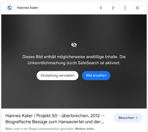 Screenshot, Ausschnitt aus einer Suchergebnisanzeige von Google mit aktivierter Unkenntlichmachung