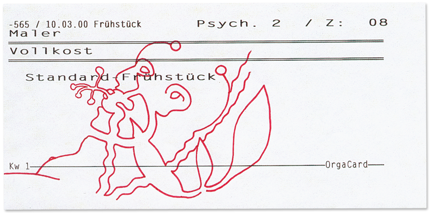 Hannes Kater: Zeichnung auf Laufzettel der Pychatrie Mainz Von Chaos und Ordnung der Seele II, Mainz 2000, 283x136 Pixel