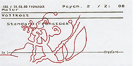 Hannes Kater: Zeichnung auf Laufzettel der Pychatrie Mainz Von Chaos und Ordnung der Seele II, Mainz 2000, 283x136 Pixel