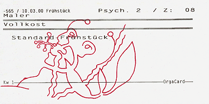Hannes Kater: Zeichnung auf Laufzettel der Pychatrie Mainz  Von Chaos und Ordnung der Seele II, Mainz 2000, 283x136 Pixel